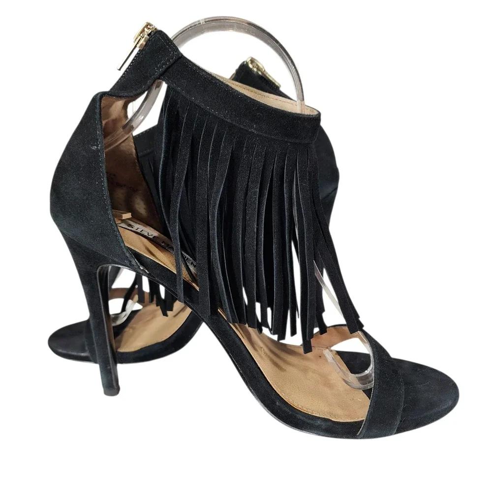 Steve Madden Fringe Stiletto Heel 7.5M Women Staarz Black Suede Ankle Strap Zip‎